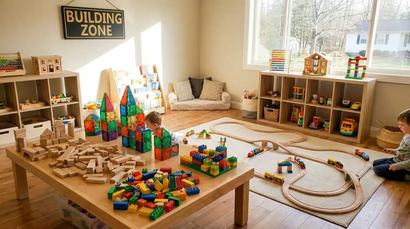 playroom storage ideas with block bins beside an open rug for lego, tiles, and train track building