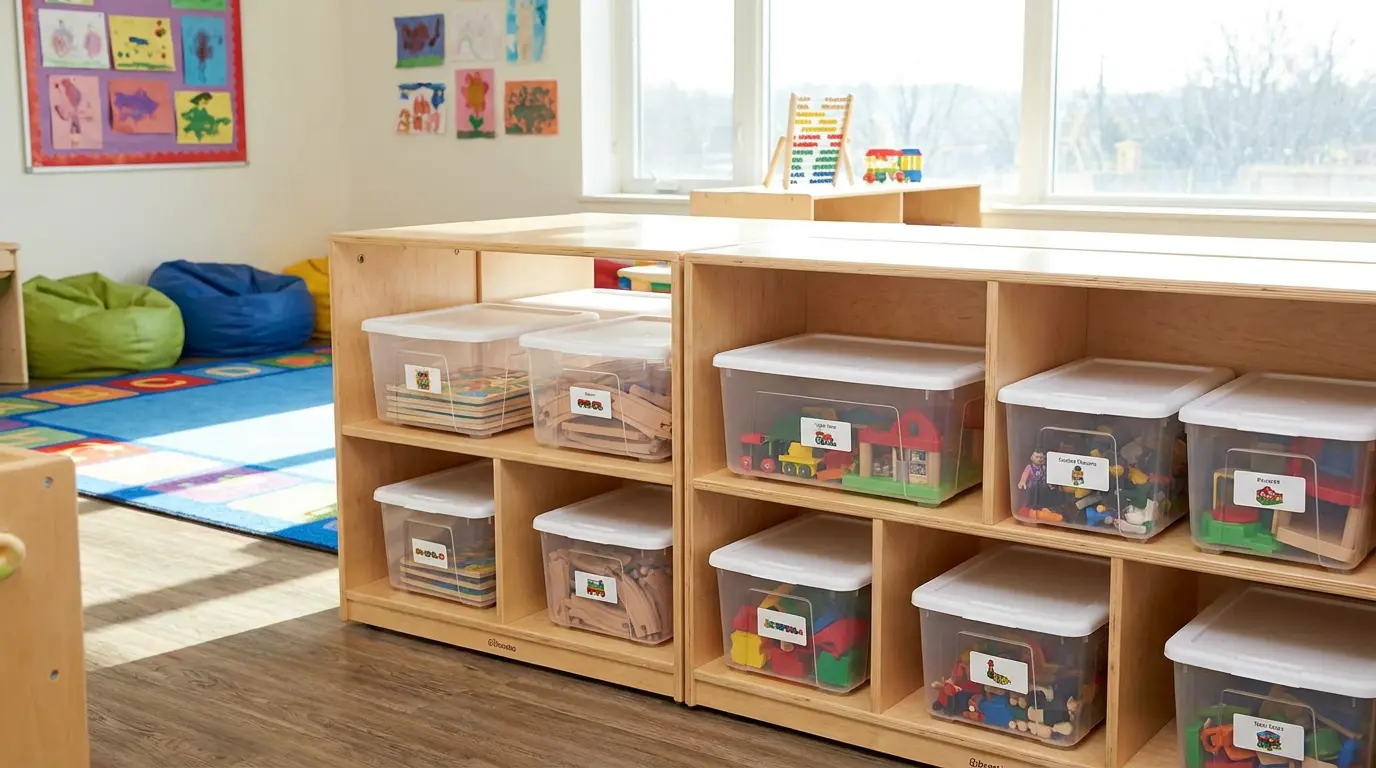 playroom storage ideas with clear bins for puzzles, building sets, figures, and small toy piece