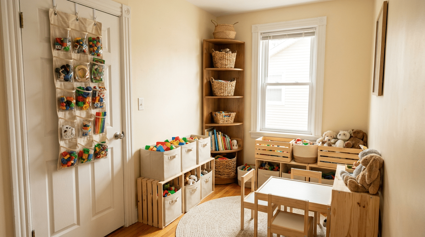 playroom storage ideas using door pockets and corner shelves for light toys in a small playroom