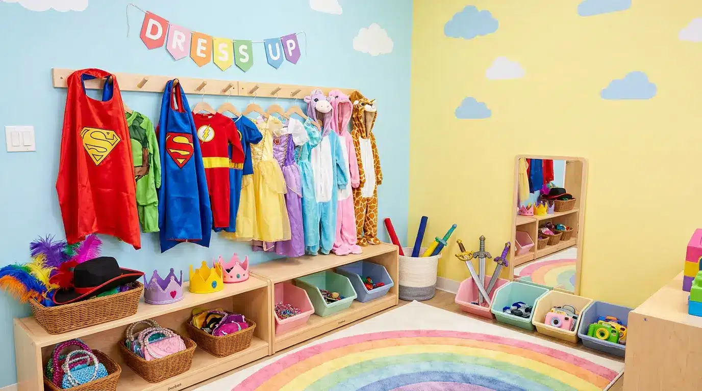 playroom storage ideas with a dress-up rack, baskets, and hooks for costumes and pretend play clothes