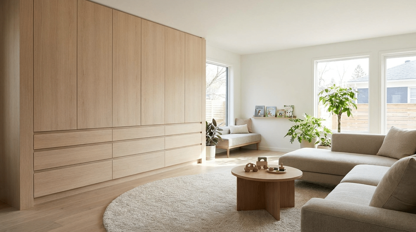 playroom storage ideas with closed cabinets and hidden bins for less-used toys in a tidy kids room