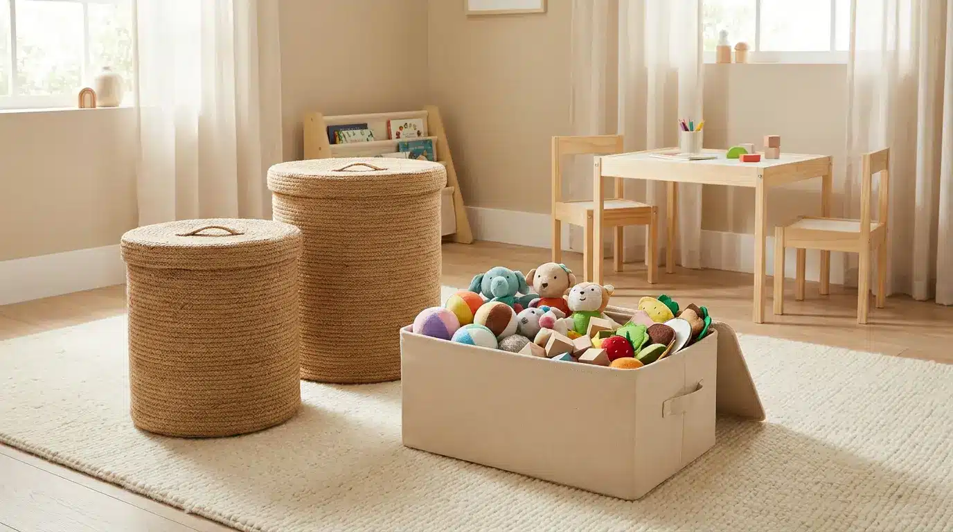 playroom storage ideas with lidded floor baskets for quick toy cleanup in a cozy kids playroom