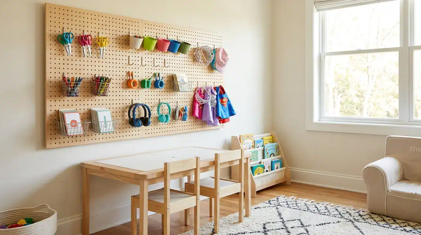 playroom storage ideas with pegboard hooks and small baskets for craft tools and learning supplies