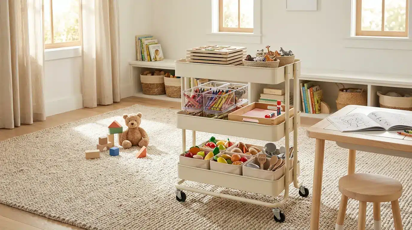playroom storage ideas with a rolling toy cart for puzzles, figures, and crafts in a kids playroom