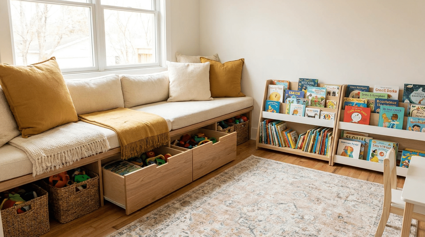 playroom storage ideas with a storage bench for plush toys, blankets, and books near a play area