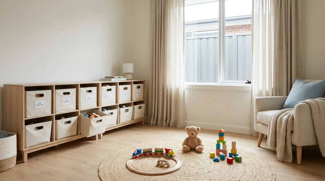 playroom storage ideas with toy rotation bins to keep fewer toys out in a neat kids playroom closet