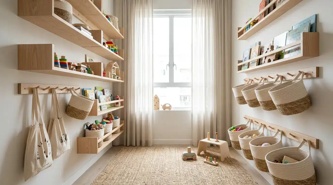playroom storage ideas with wall shelves, baskets, and hooks to save floor space in a small room