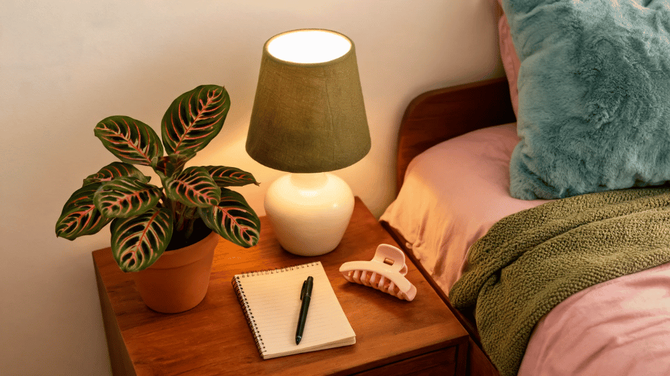 prayer plant on a colorful bedroom nightstand with dusty pink bedding, lamp, notebook, and mug