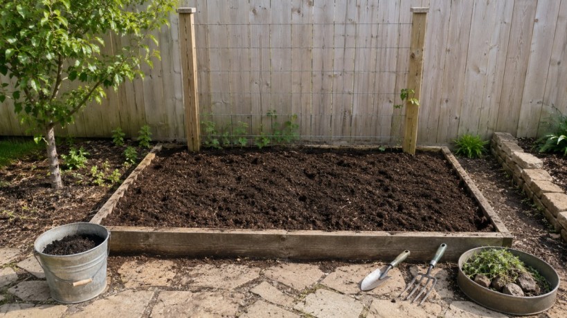 how to plant cucumbers by preparing loose compost rich soil in a raised bed with trellis and garden tools