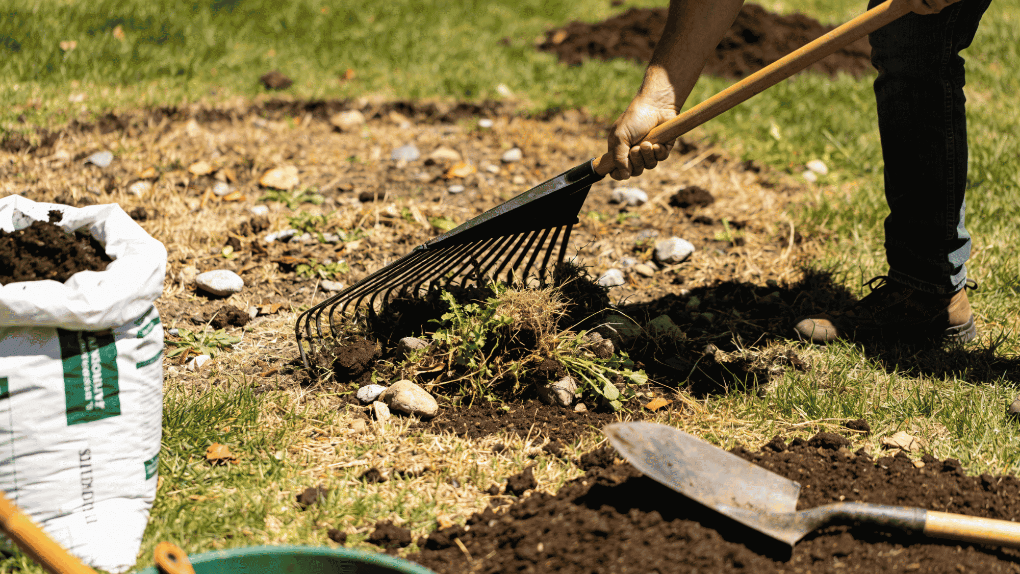 preparing soil for a clover lawn by removing weeds rocks and dry grass with a garden rake