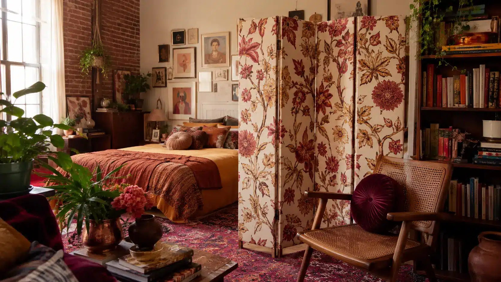 printed folding screen in a maximalist room with layered decor, plants, art, and books