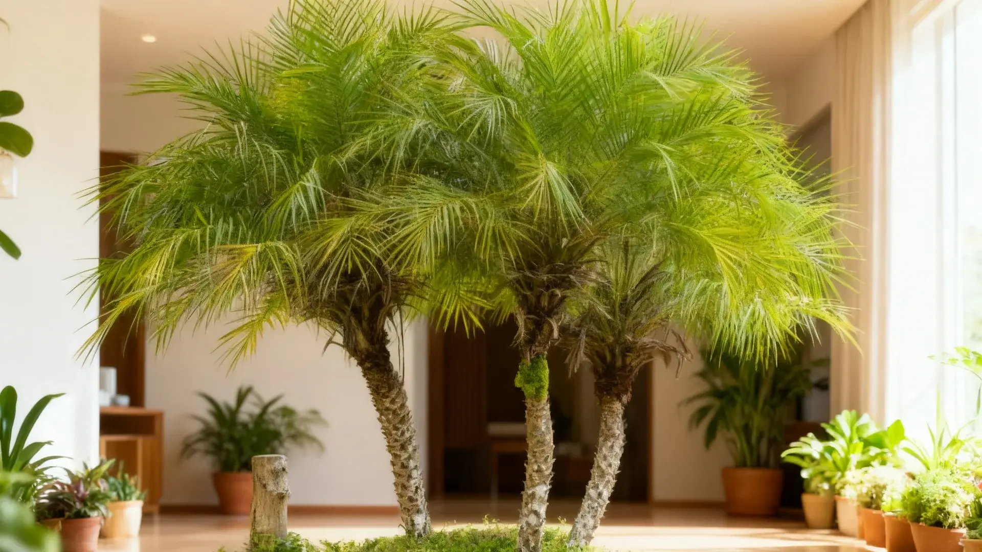 pygmy date palm tree with narrow fronds in a compact plant setting