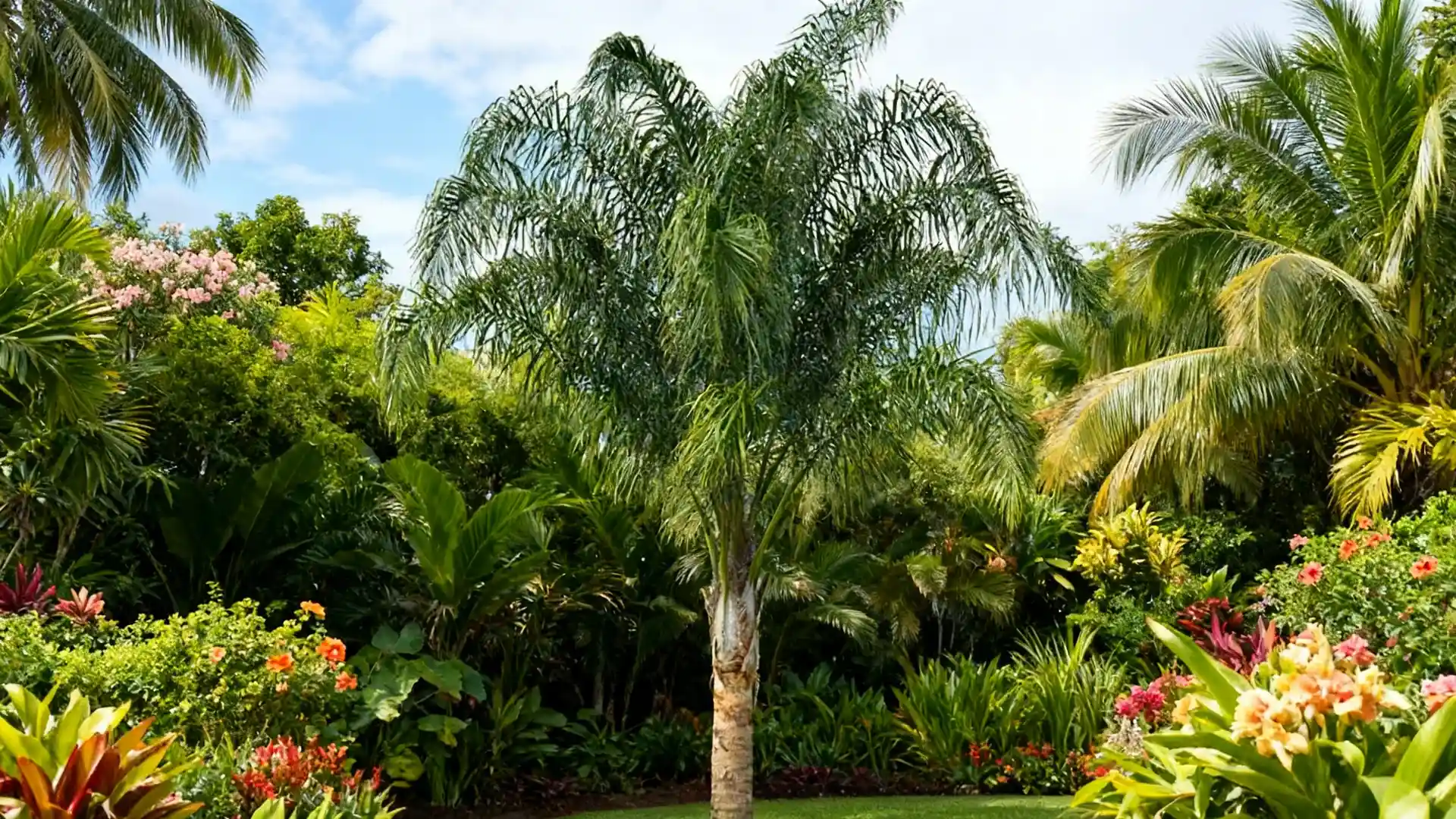 queen palm tree with tall trunk and soft feather like fronds