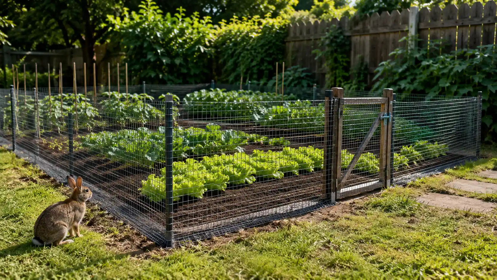 rabbit-proof fencing shows how to keep rabbits out of garden beds with secure mesh, vegetables, and a closed gate