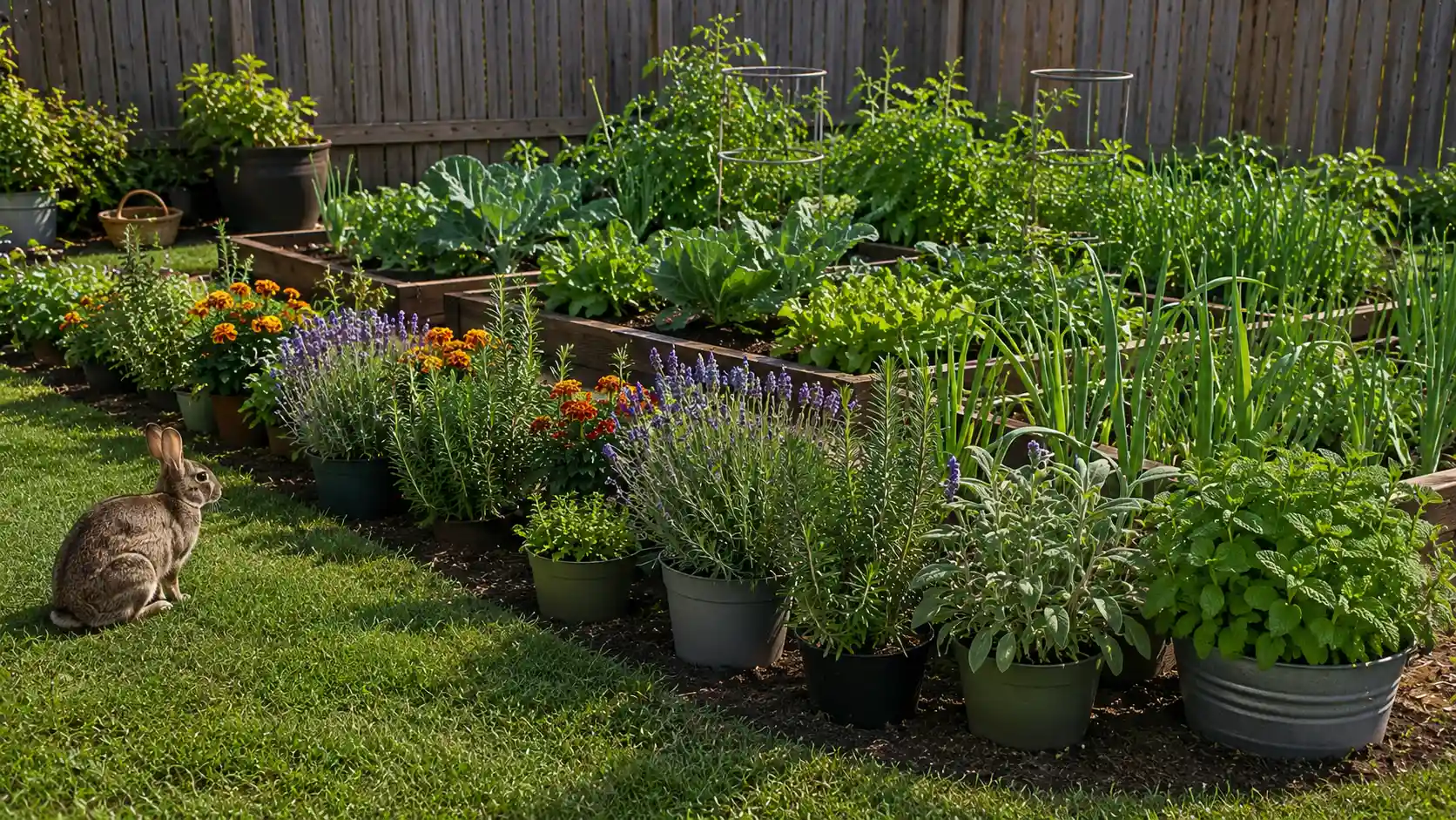 rabbit-resistant border plants show how to keep rabbits out of garden beds with marigolds, lavender, garlic, and mint