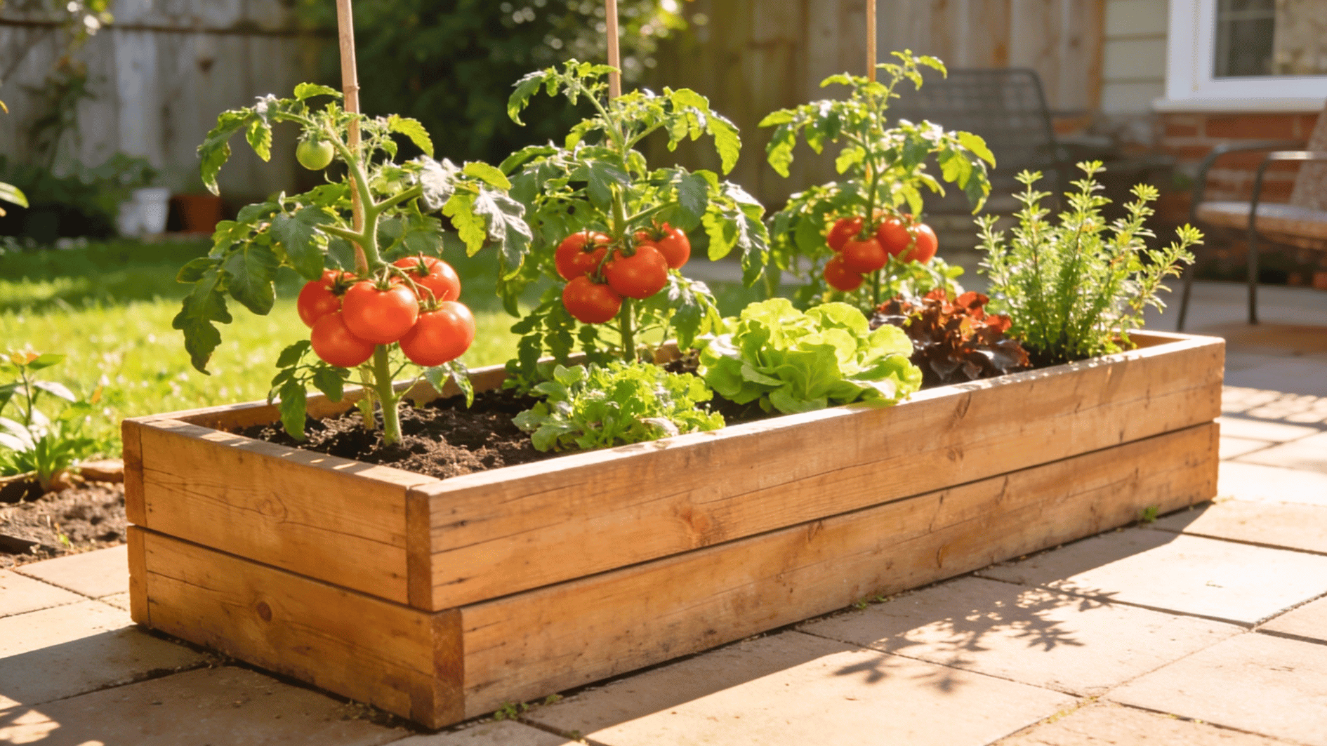 raised wooden garden bed with ripe tomatoes, lettuce, and herbs growing in sunny backyard patio