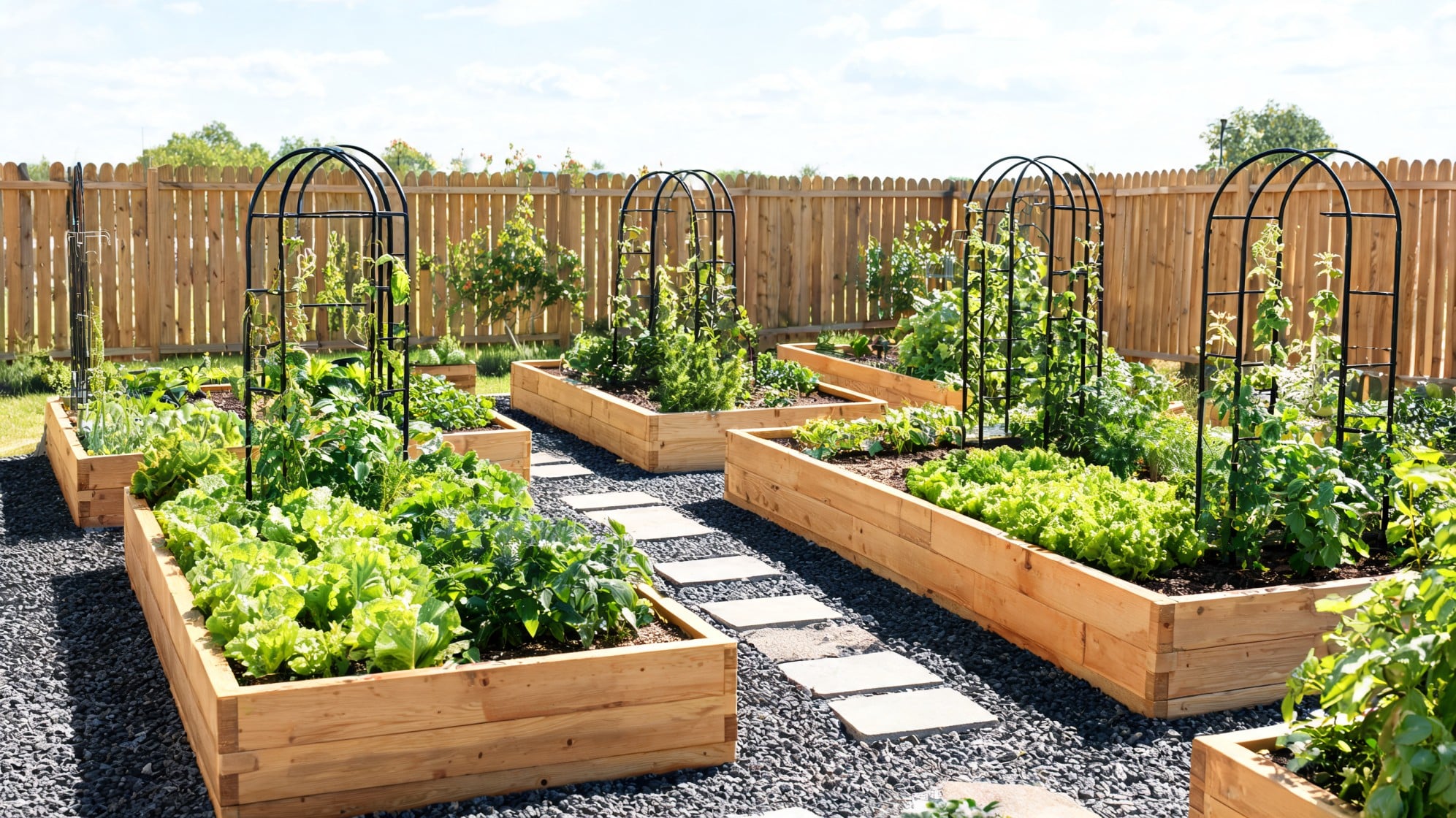 raised garden beds with leafy plants black trellises gravel paths and stepping stones