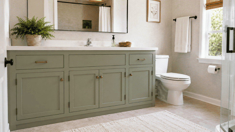 reassembled sage green bathroom vanity in a finished bathroom