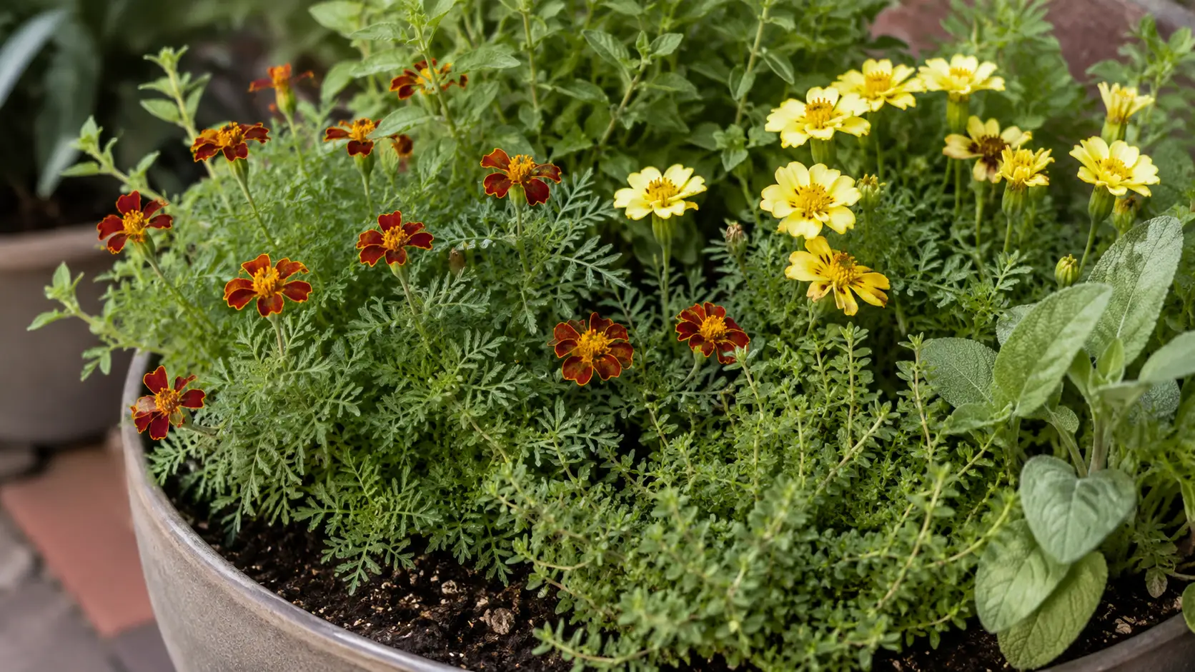 red gem signet marigolds with red orange blooms in a small mixed container with herbs