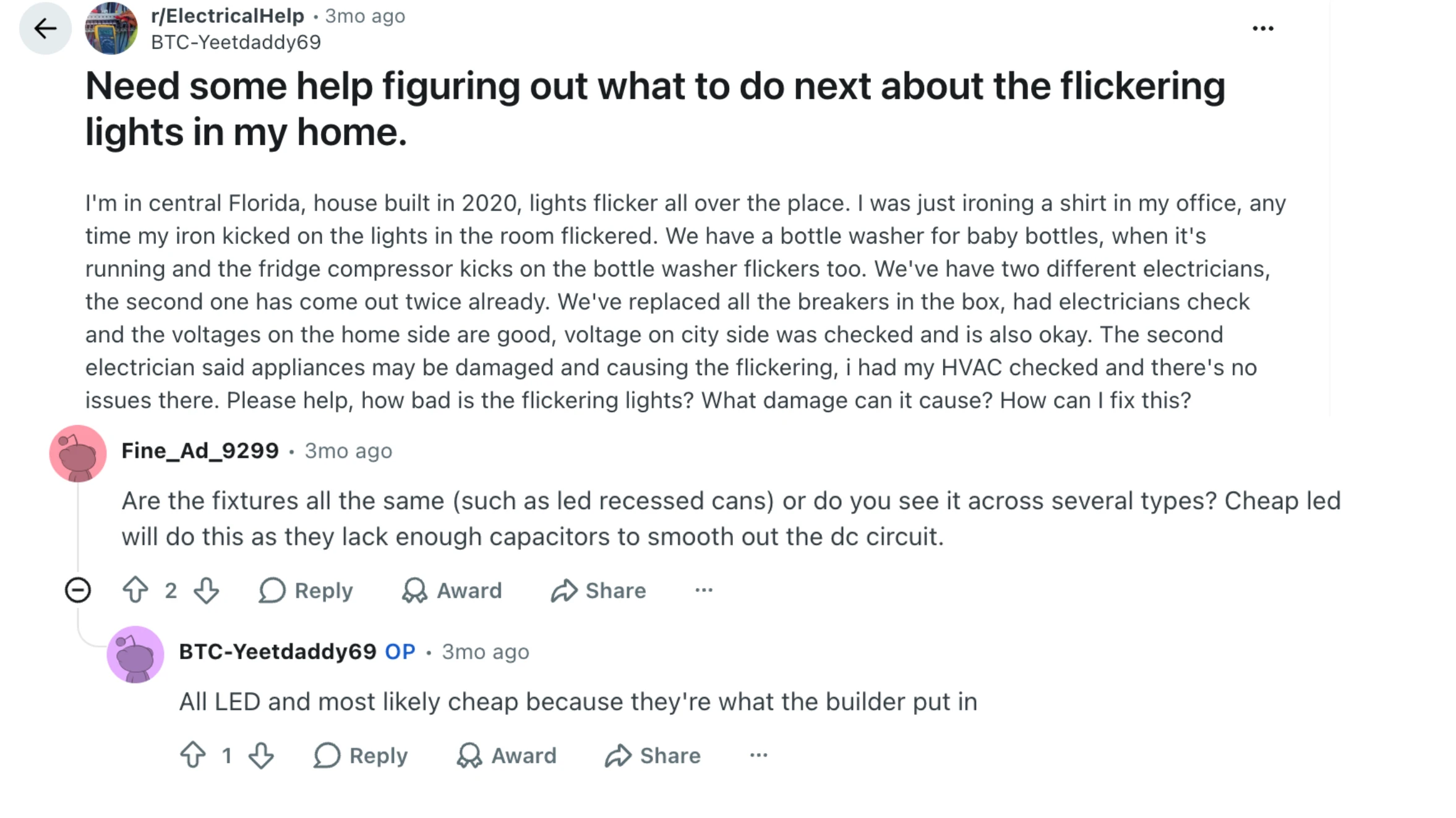 reddit post discussing flickering lights in a home, with user concerns about voltage, appliances, and electrical fixes