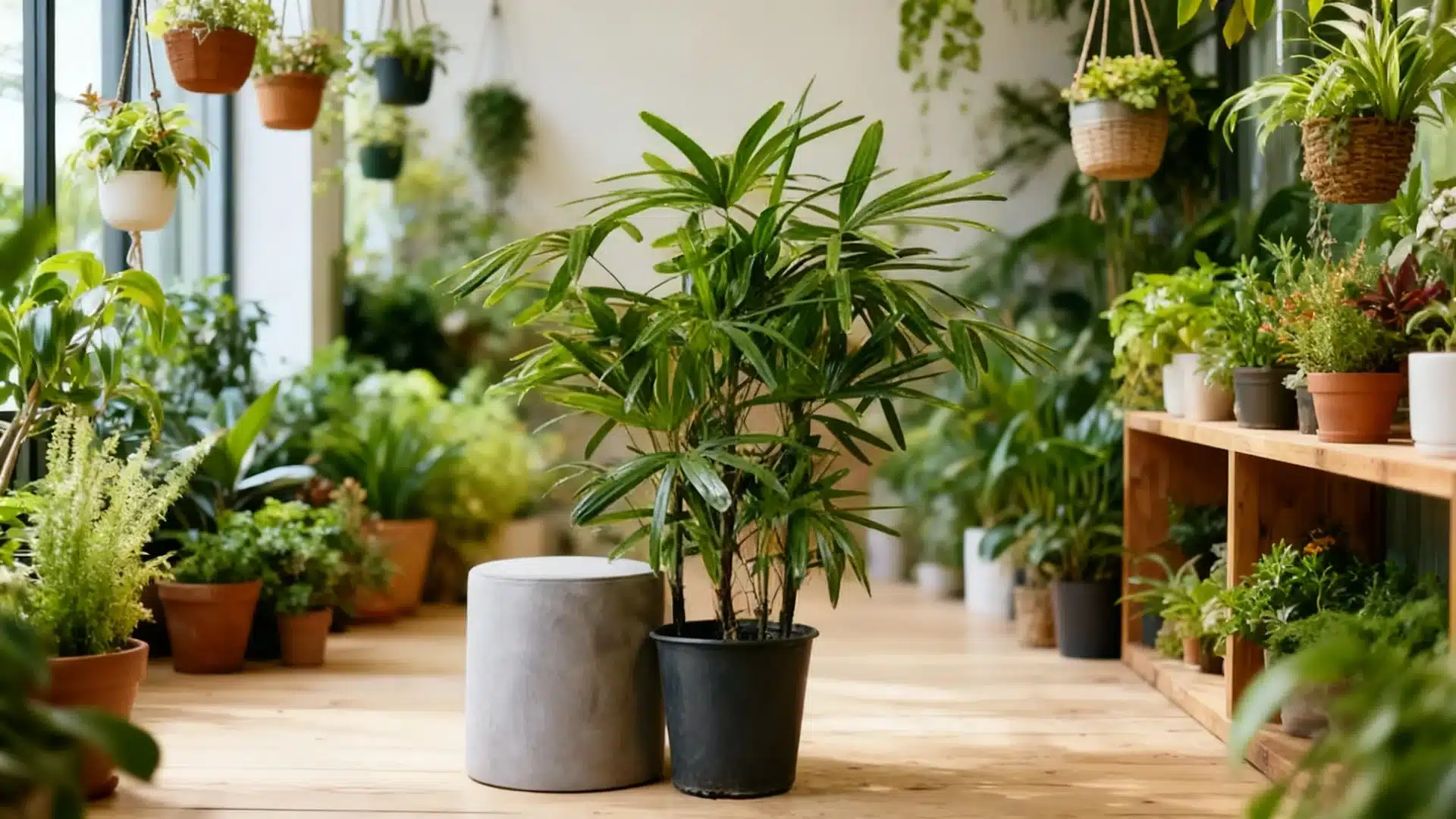 reed palm tree with slim upright stems in a simple plant setting
