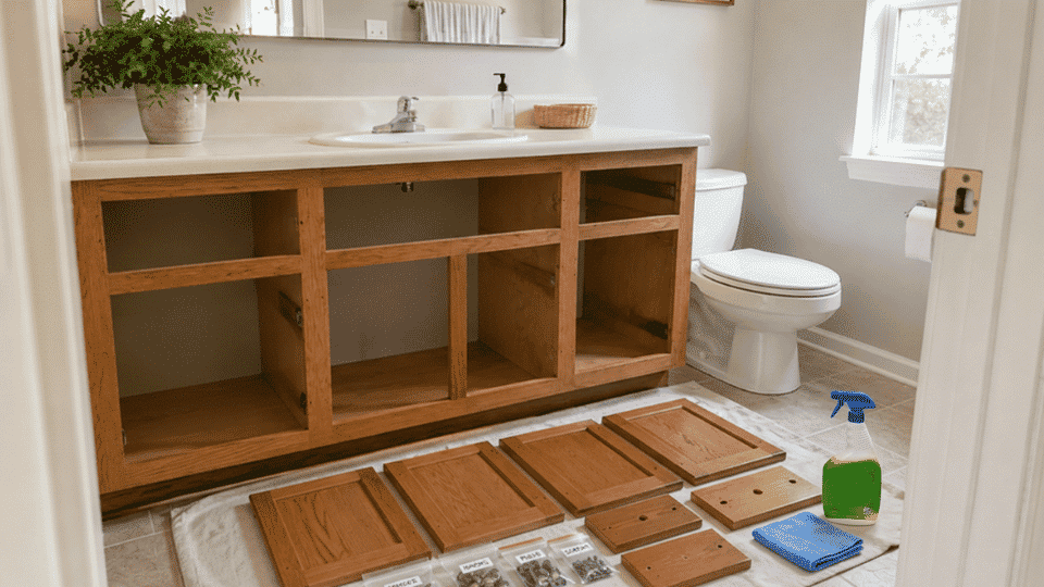 remove and cleaning detached bathroom cabinet doors before sanding and painting (1)