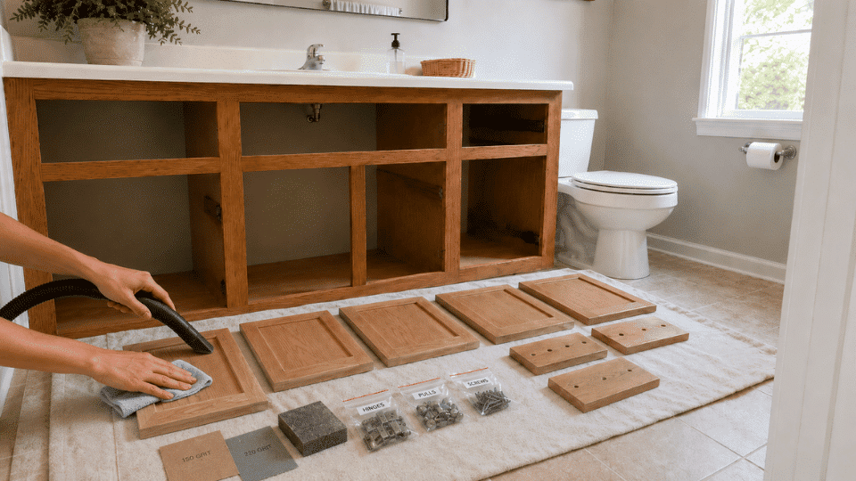 removing sanding dust from bathroom cabinet doors before primer