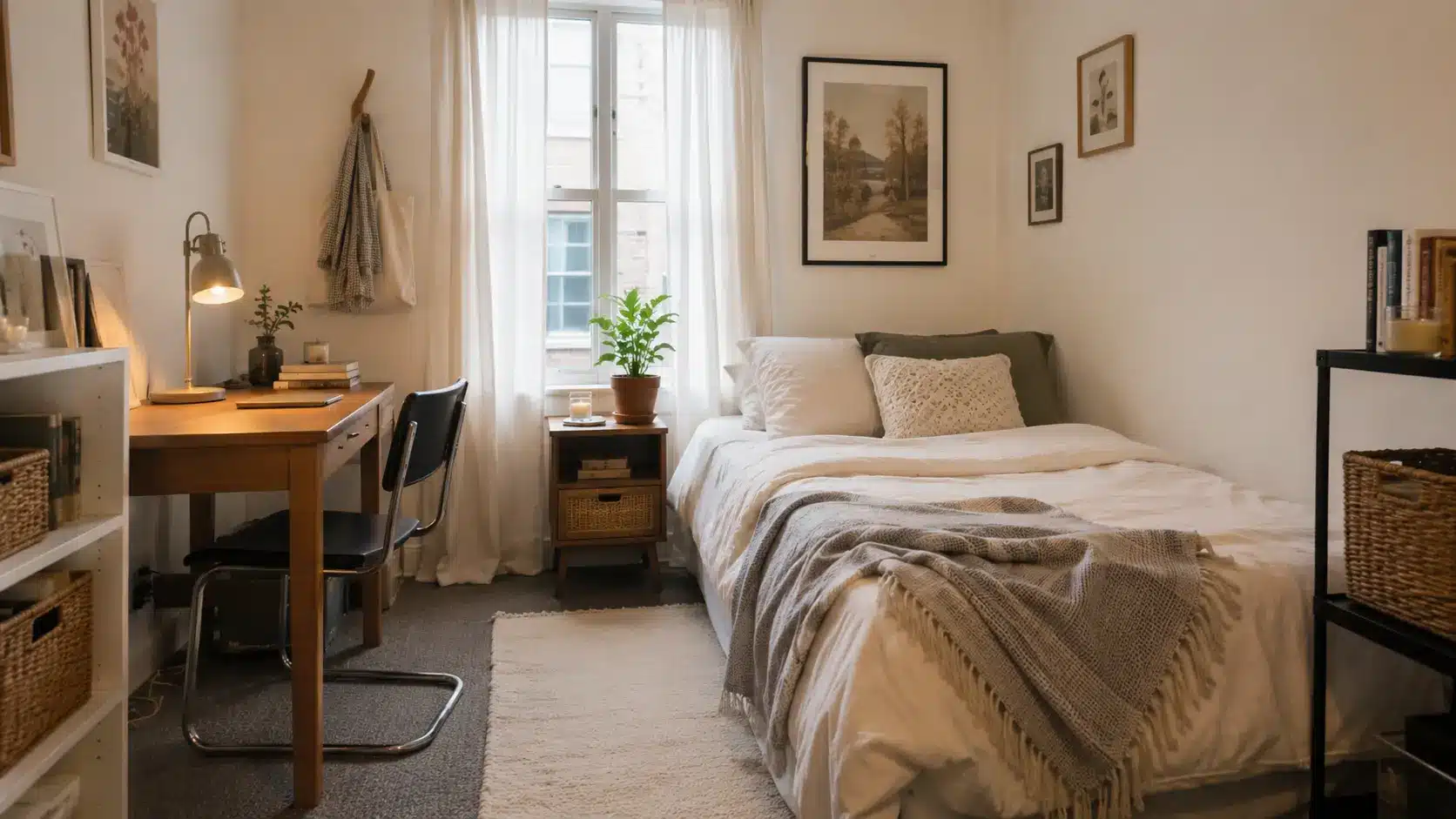 renter friendly cozy bedroom and study corner