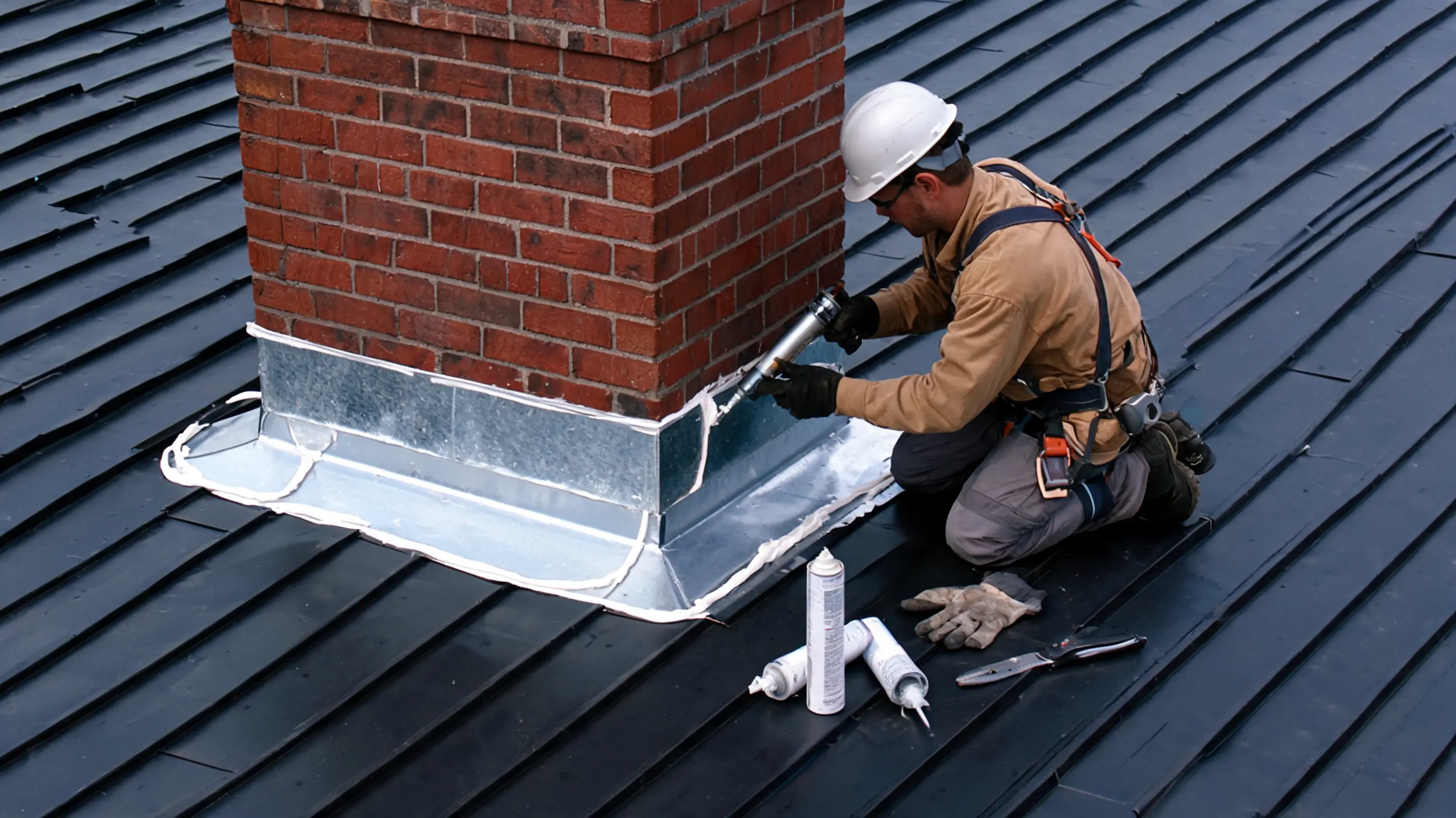 roofer performing metal roof maintenance by sealing chimney flashing to help prevent roof leaks