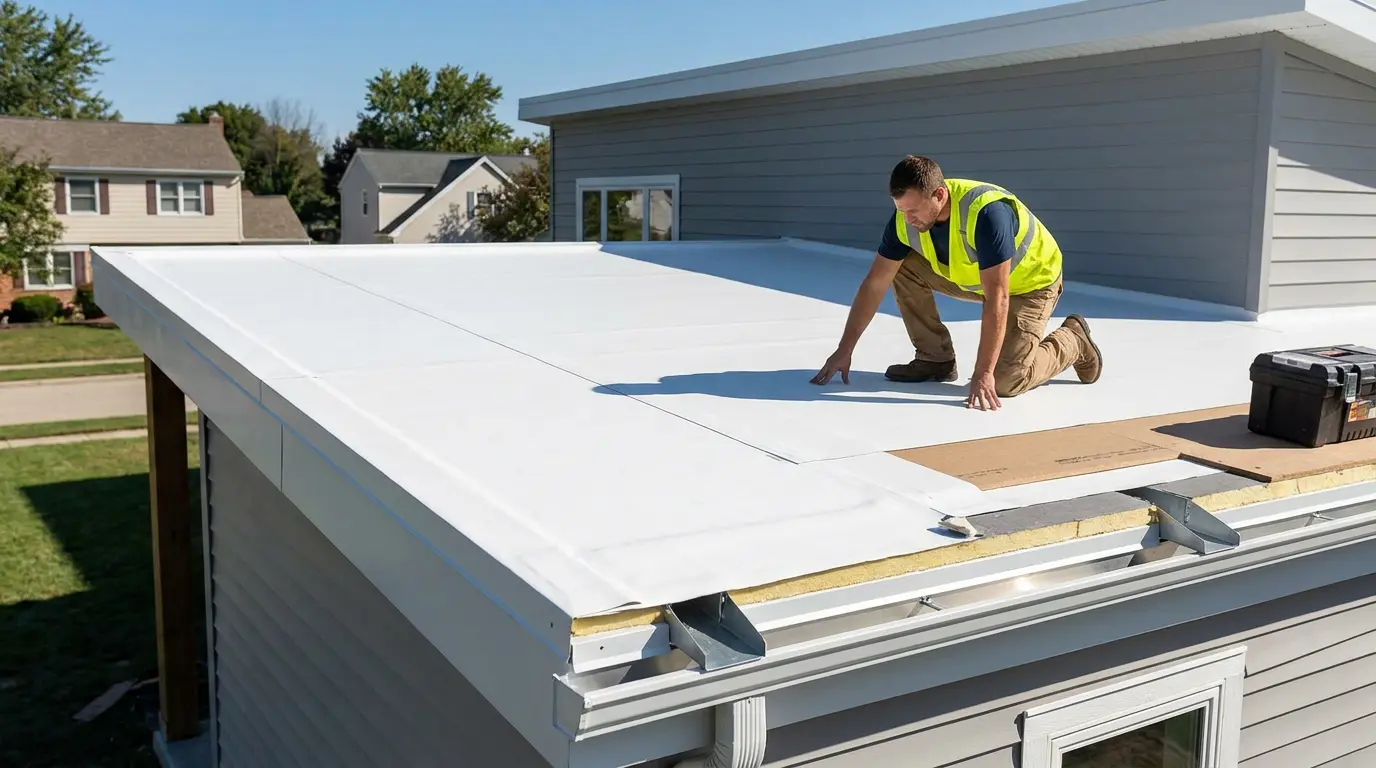 flat roof material layers showing drainage seams and waterproofing on a modern low slope home addition
