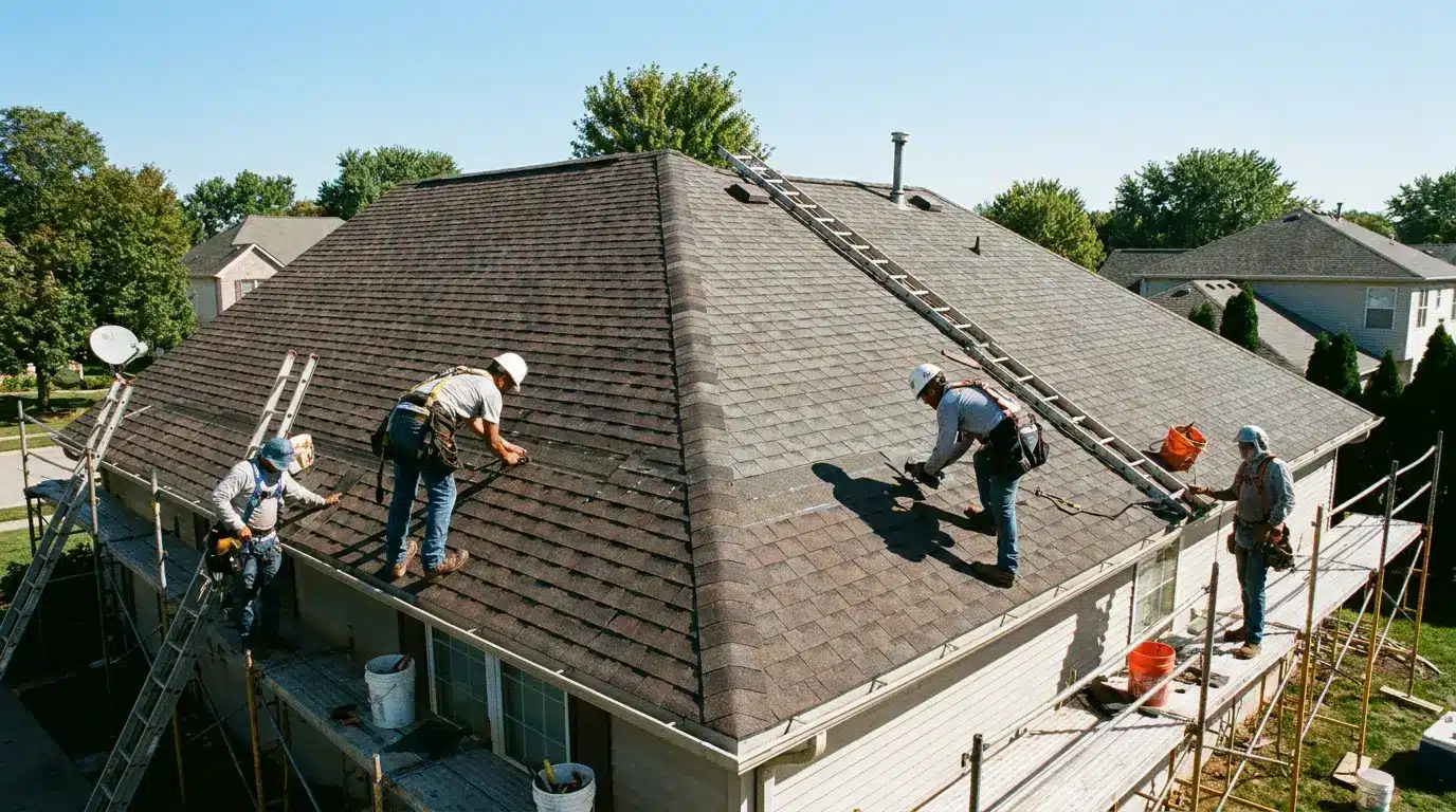 realistic photo of suburban house roofers installing asphalt shingles scaffolding ladders tools sunny day
