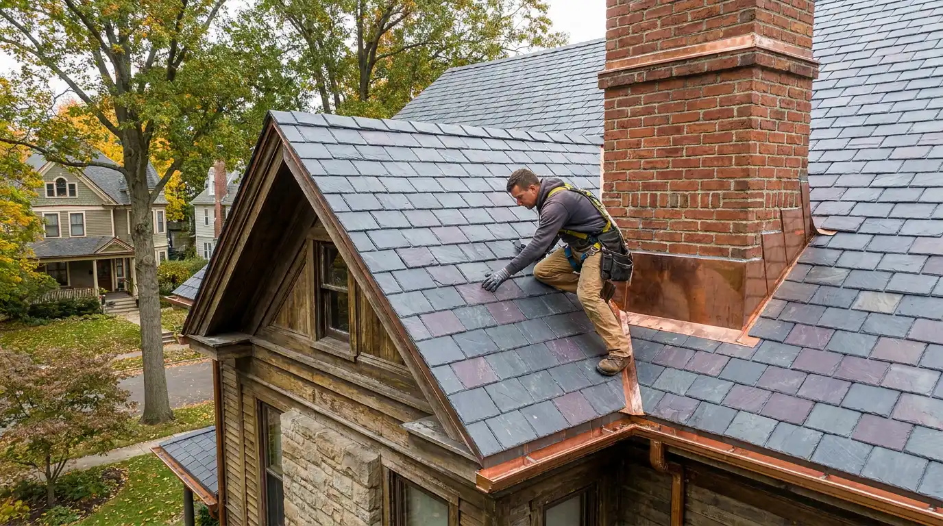 slate roof on a classic northeast home showing premium stone tiles flashing and skilled installation detail