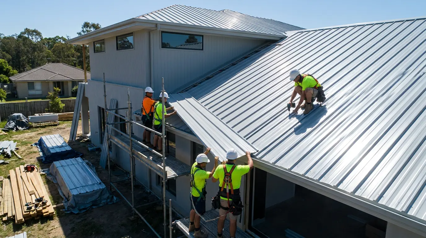 realistic image of modern house roofers installing metal roofing scaffolding ladders panels sunlight