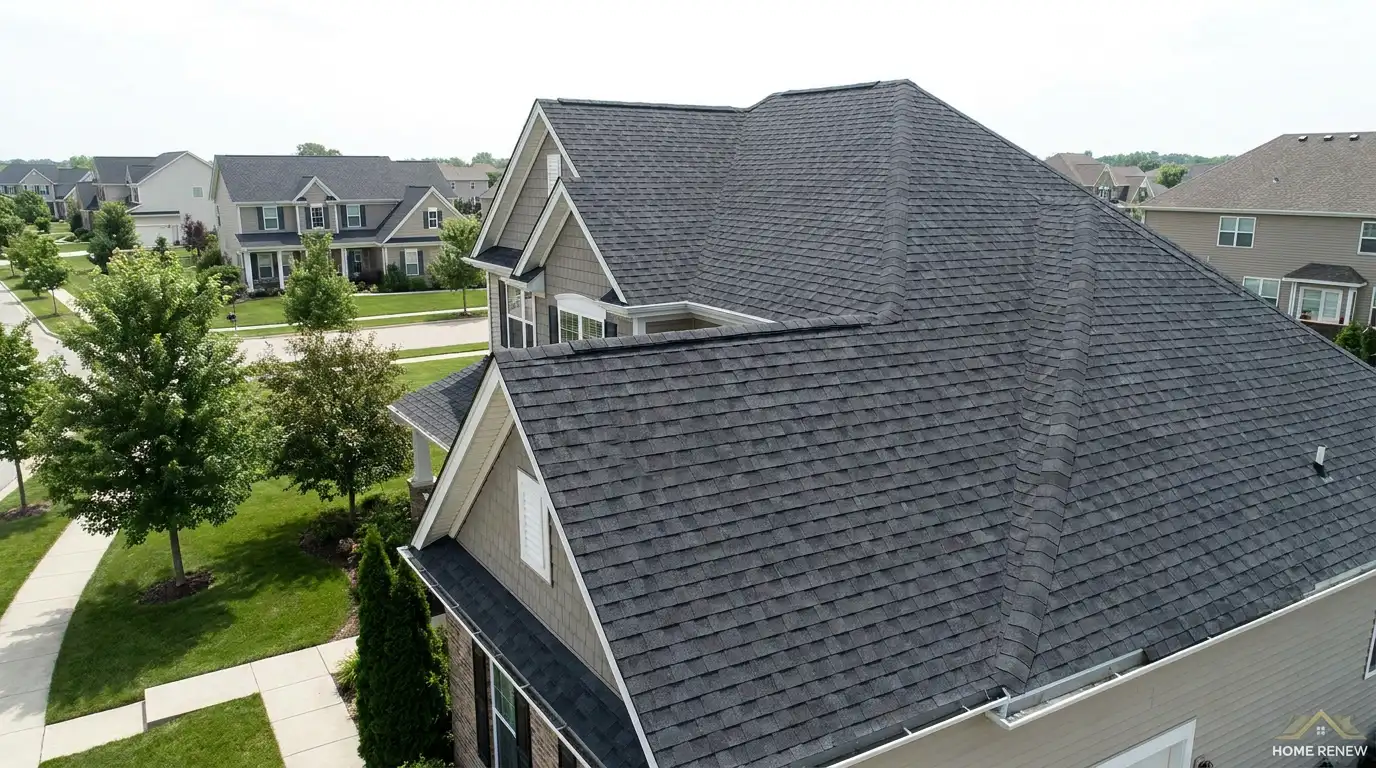 architectural shingle roof showing layered asphalt shingles on a suburban home with clean depth and curb appeal