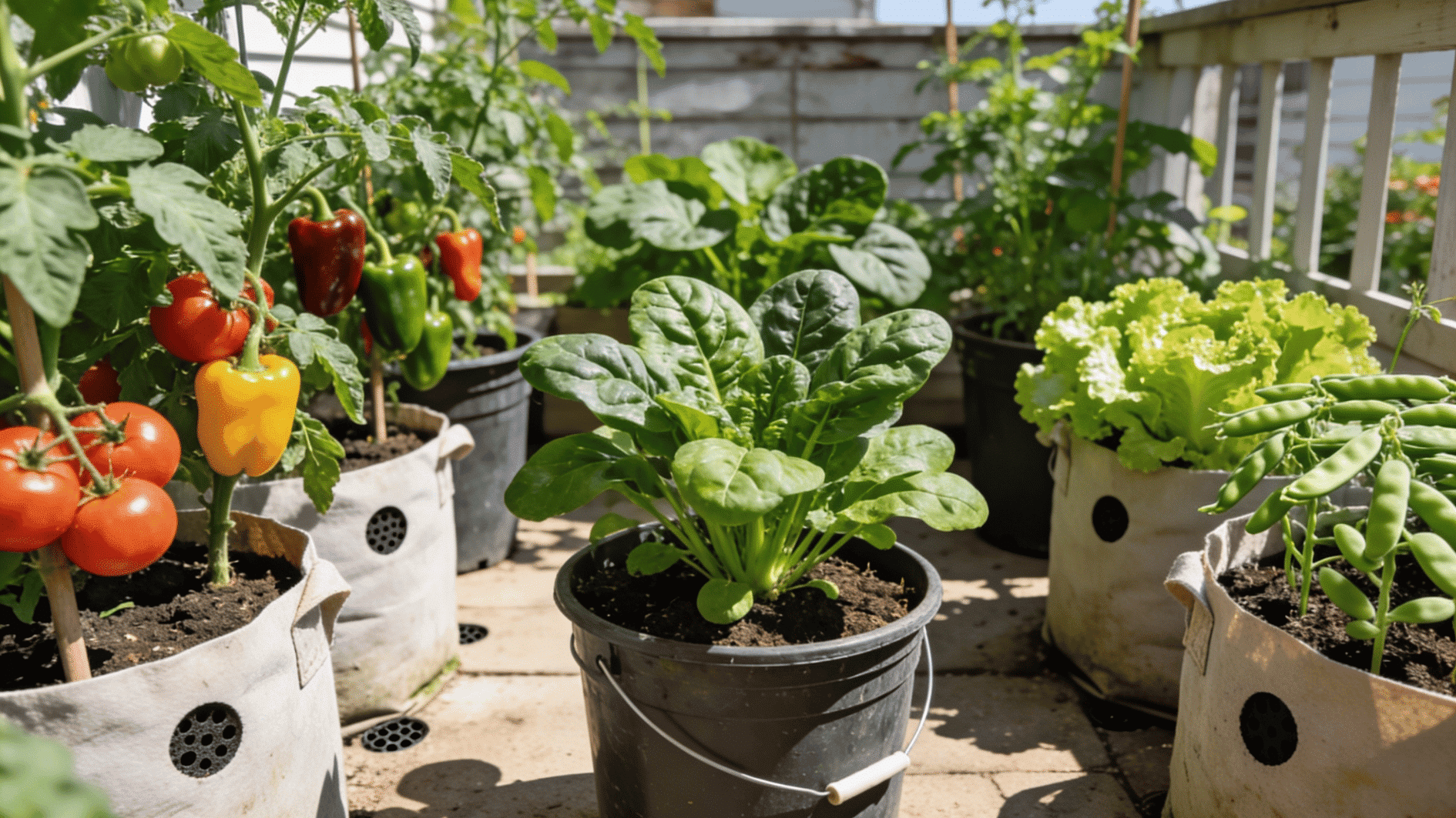 rooftop container vegetable garden with tomatoes peppers spinach lettuce and peas growing in fabric grow bags
