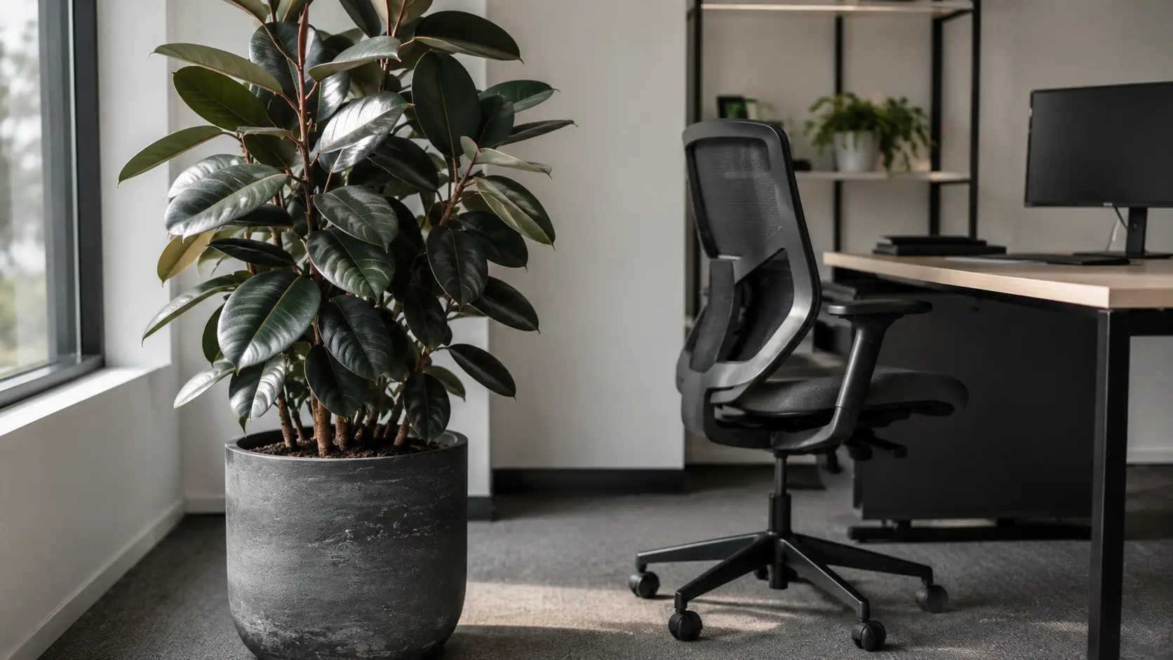 rubber plant in a large floor pot beside a bright office desk