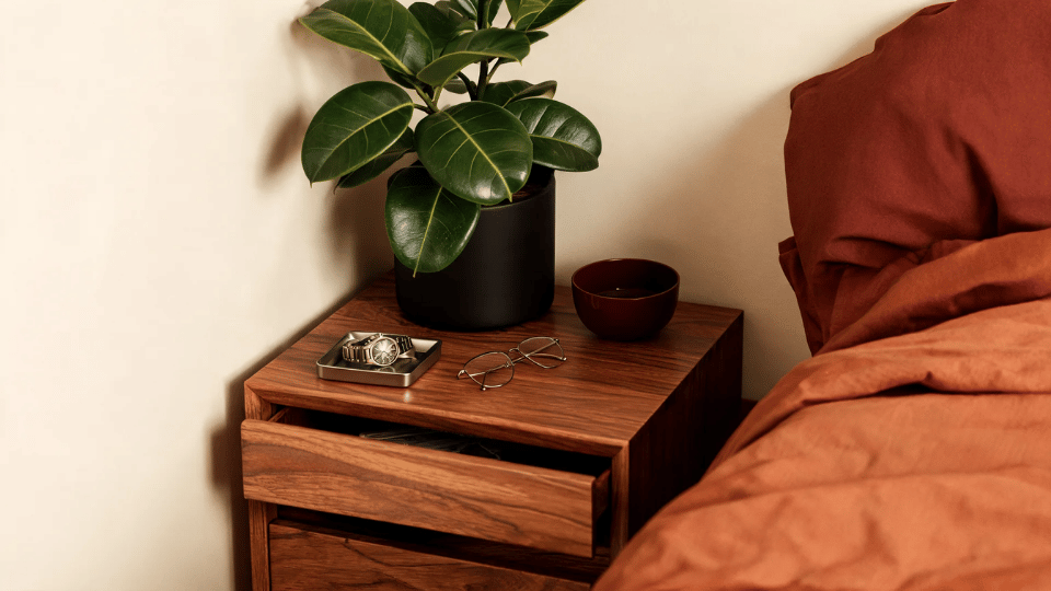 rubber plant in a refined bedroom corner with walnut dresser, rust bedding, and deep green accents