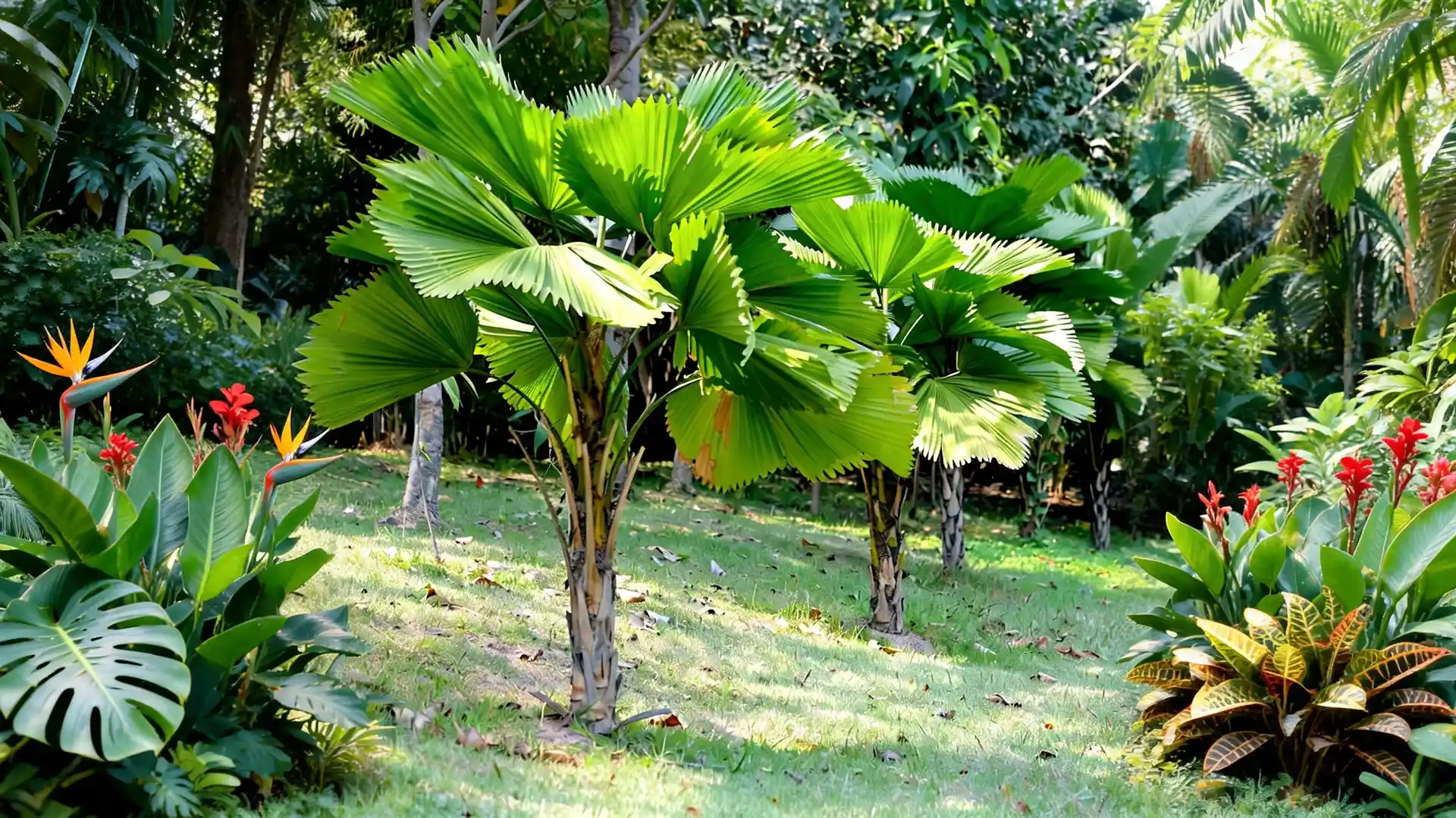 ruffled fan palm tree with round pleated leaves in a plant setting