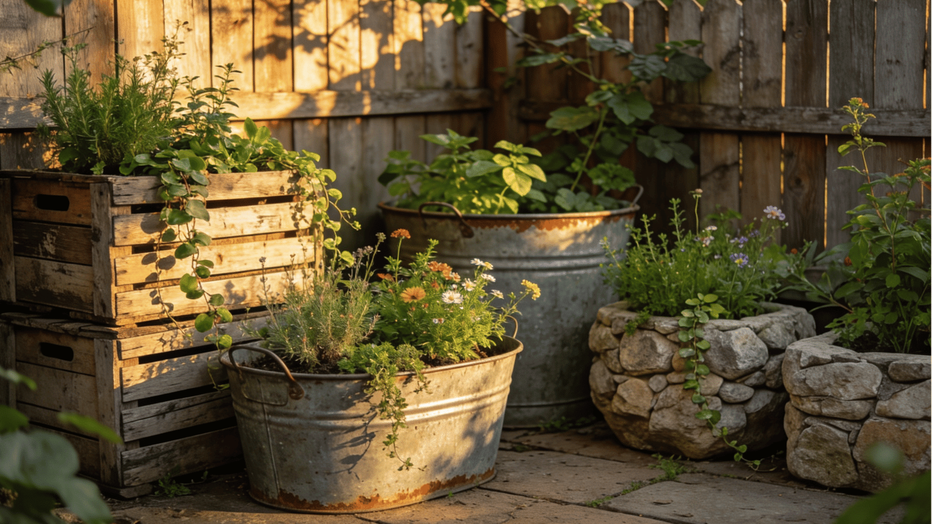 rustic backyard garden with wooden crates, metal tubs, flowers, and herbs in warm evening sunlight