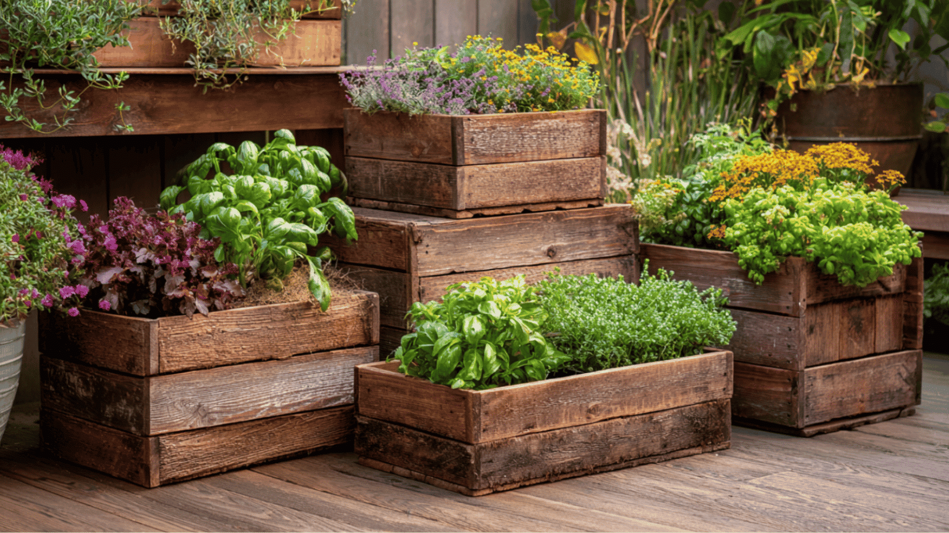 rustic wooden planter boxes filled with fresh herbs leafy greens and blooming flowers on cozy garden deck