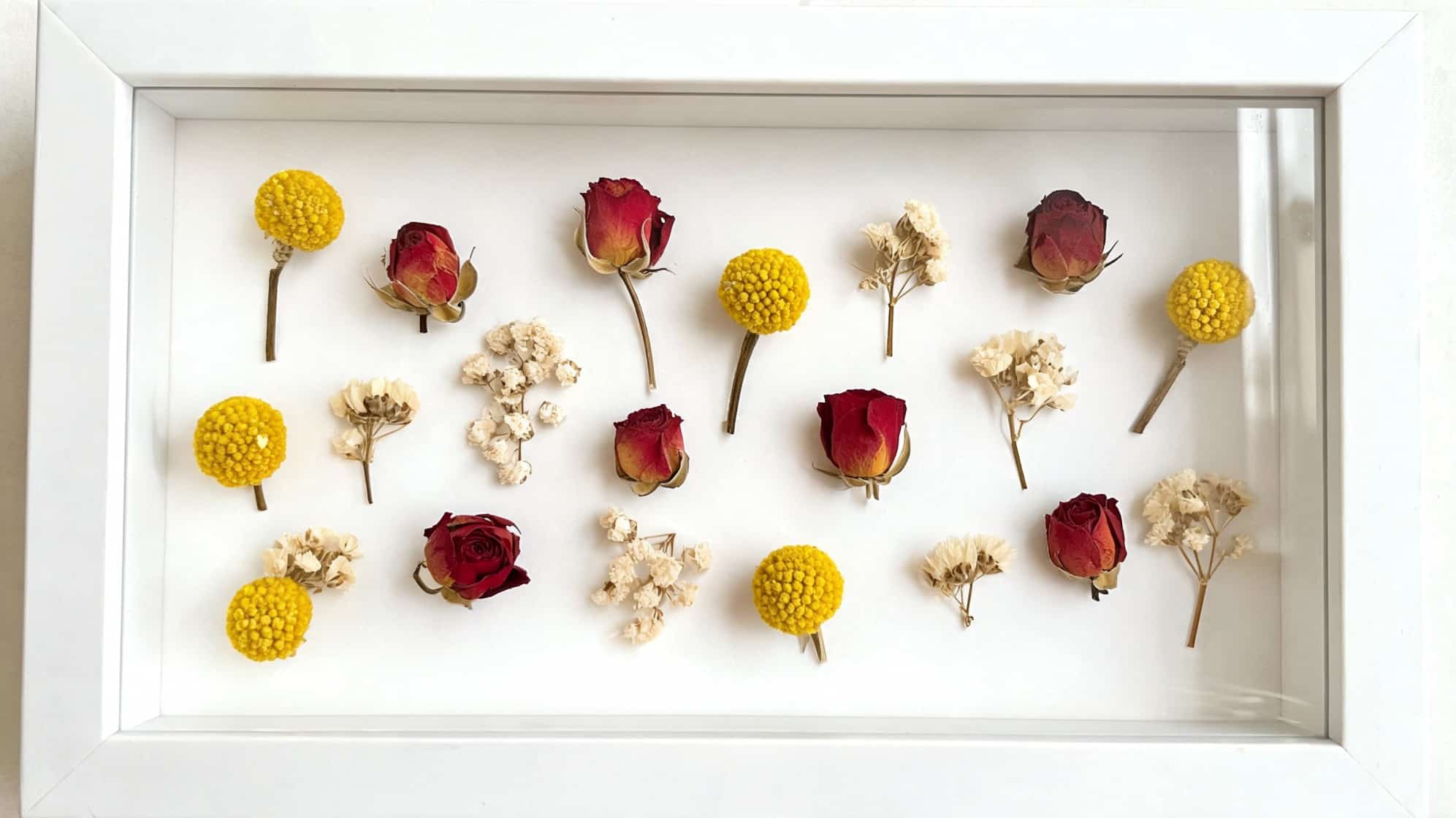 shadow box frame with dried roses and yellow flowers
