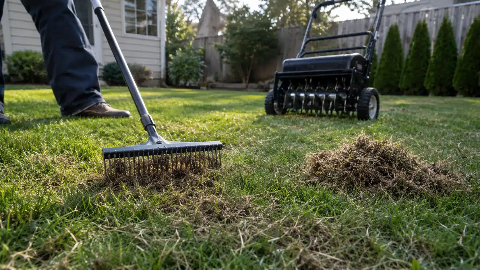 shallow aeration marks show on dry stressed grass beside an unused hose