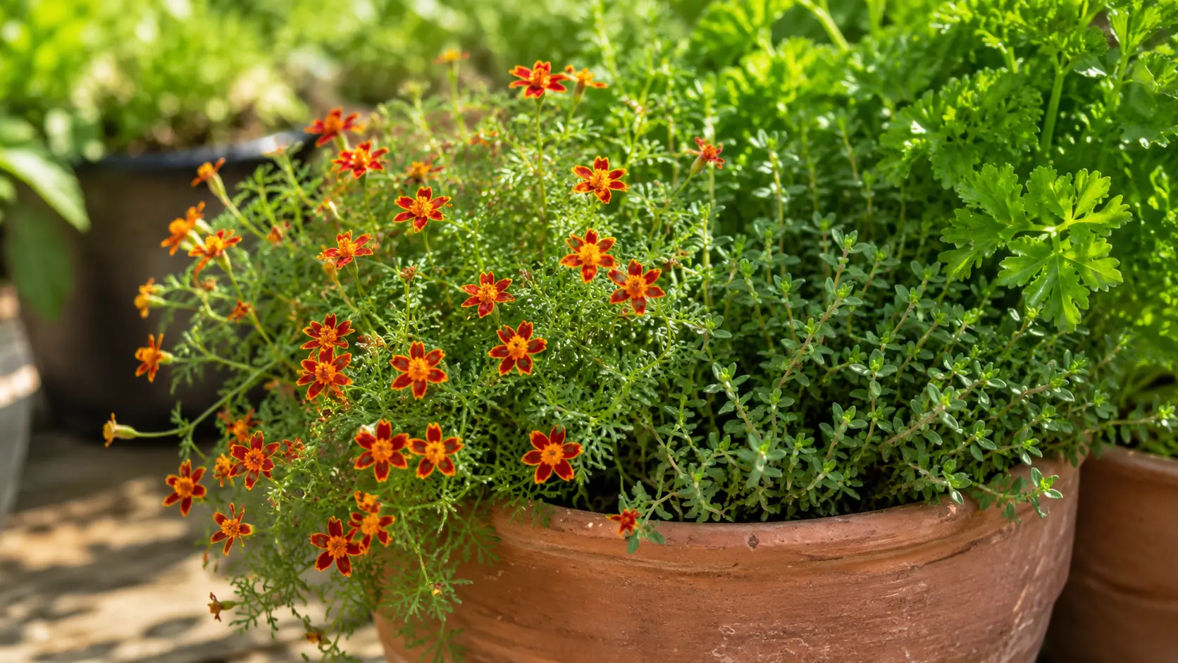 signet marigolds with fine foliage and small flowers growing in a clay pot near garden herbs