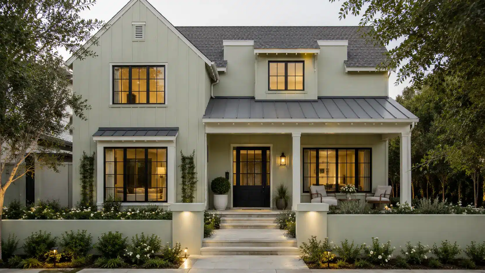 silvery gray green modern cottage with warm white trim wood accents and garden setting (1)