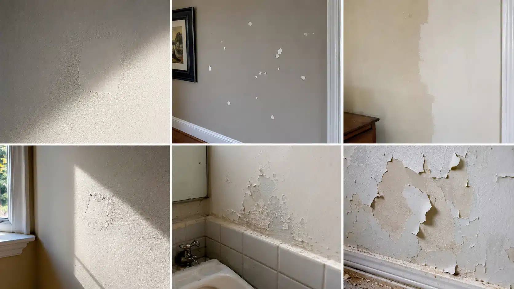 six wall conditions showing visible patch, multiple chips, faded paint, bright light, peeling, and lifting