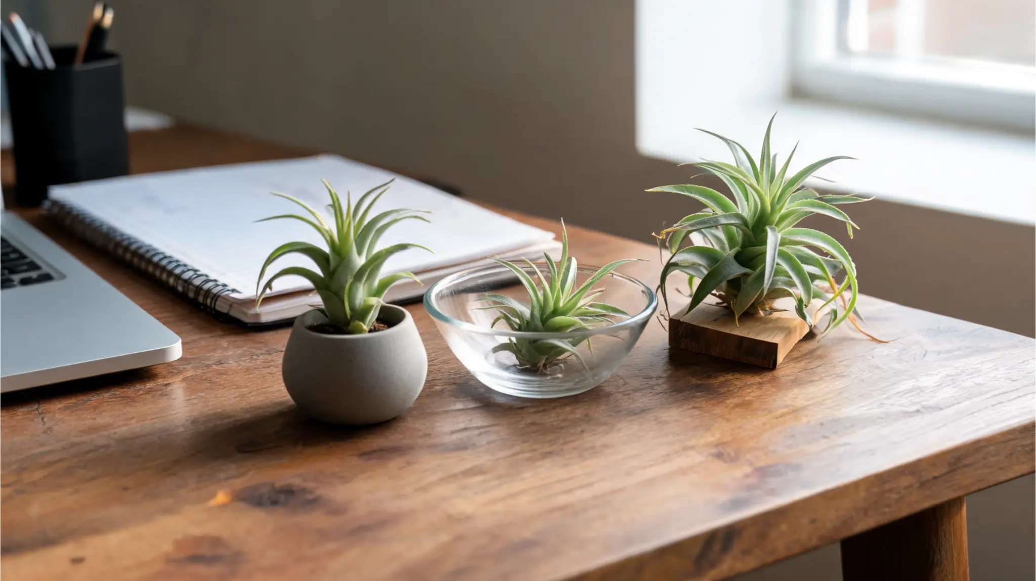 small air plants in tiny holders and a glass bowl on a minimal office desk
