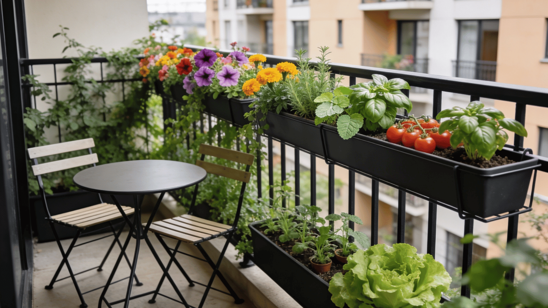 small balcony garden with flowers, herbs, tomatoes, and lettuce beside table and chairs in apartment setting