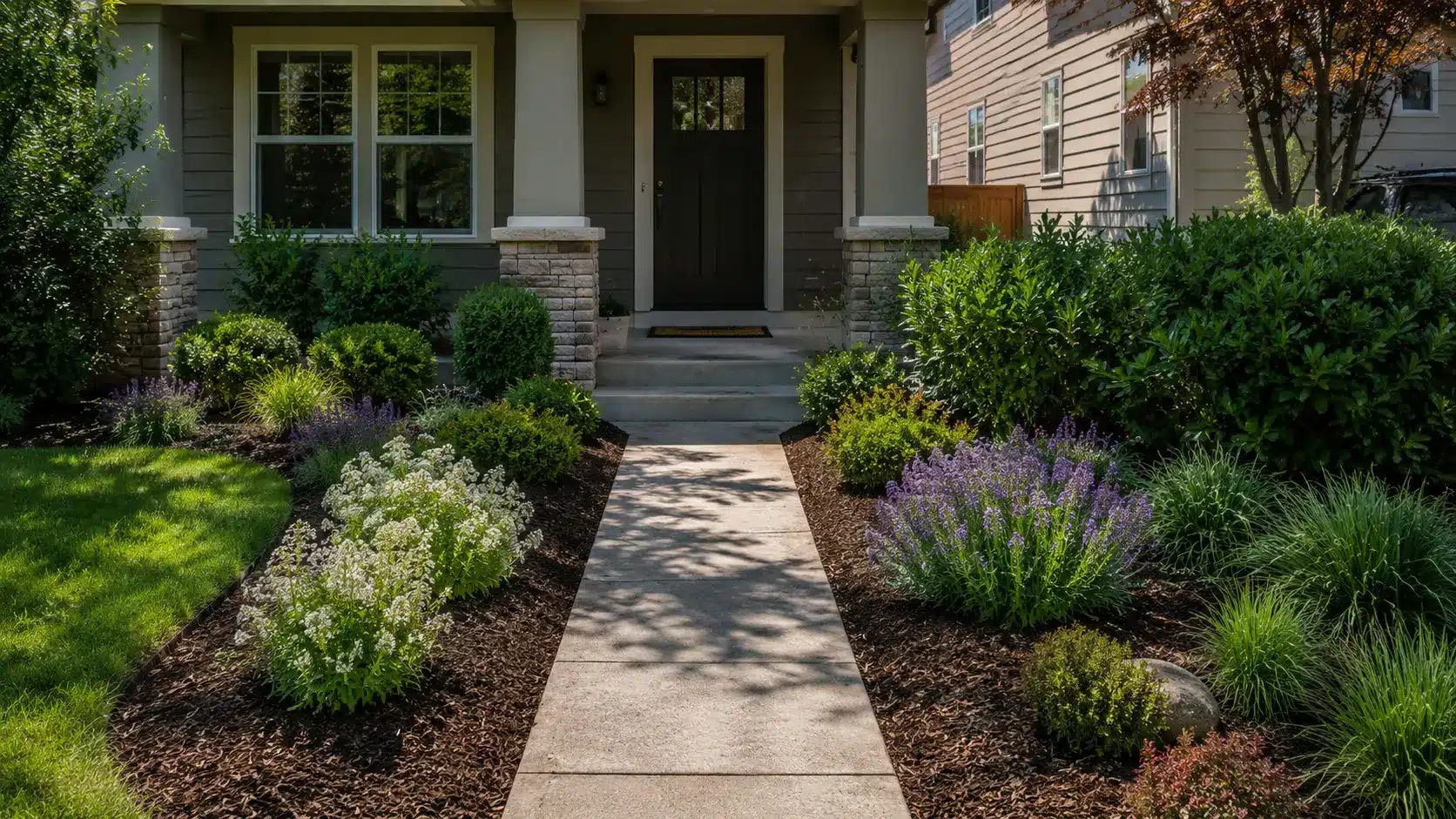 small front yard landscaping ideas, low plants along walkway (1)