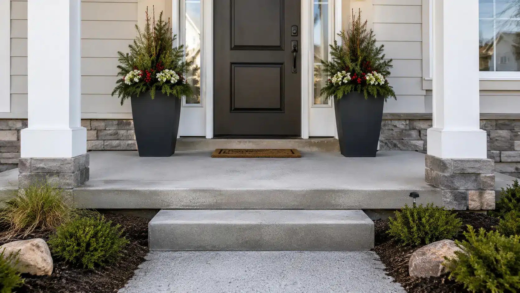 small front yard landscaping ideas, matching planters by door