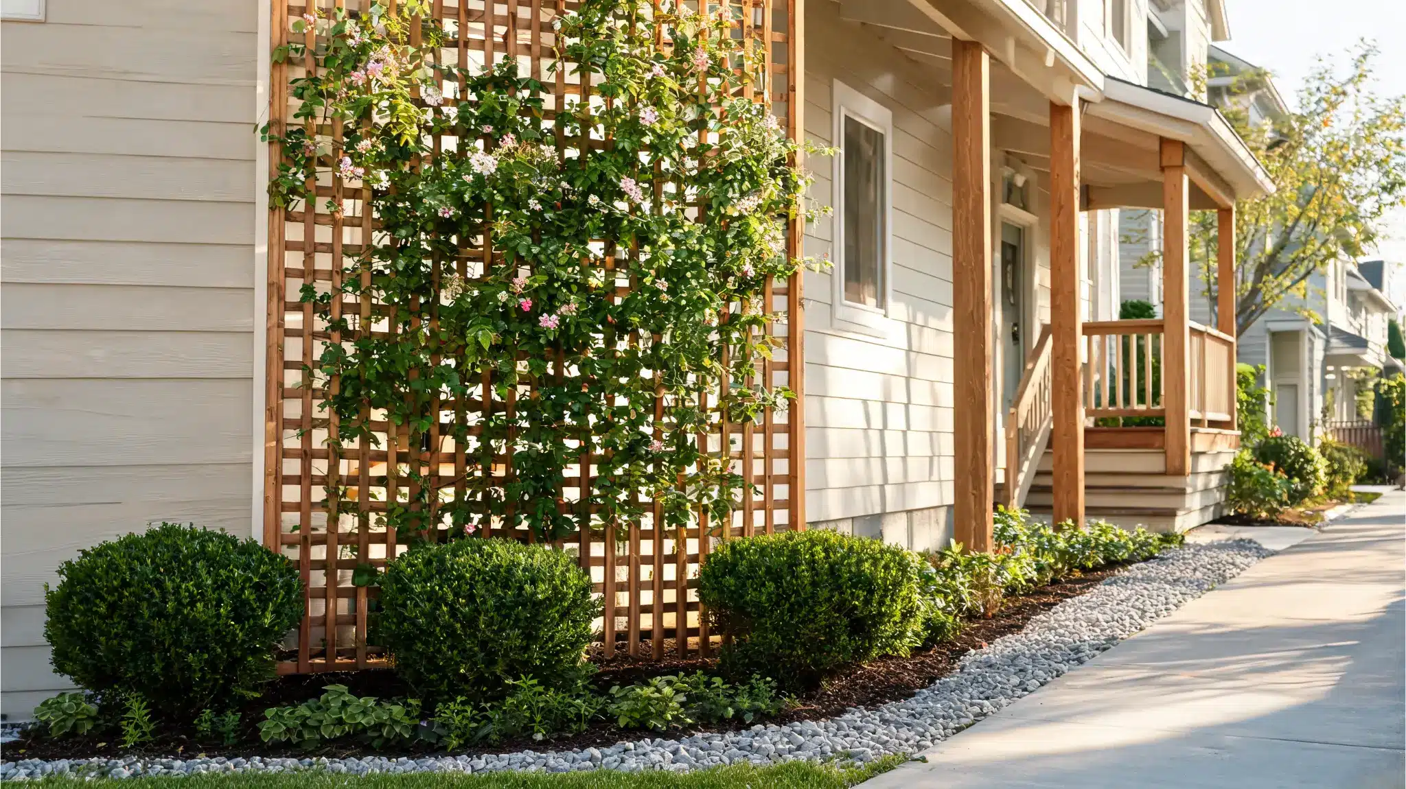 small front yard with a trellis and climbing plants creating vertical interest and privacy